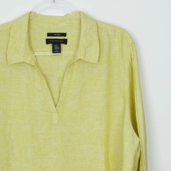 Tahari Womens Linen Button Detail Top Size 2X Roll Tab Sleeve Collared Beachy - Picture 2 of 9